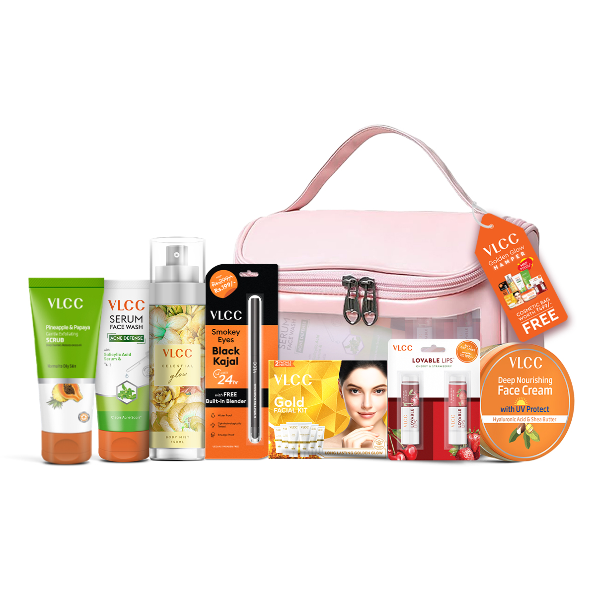VLCC Golden Glow Gift Hamper | 7 Skincare Essentials + Cosmetic Bag