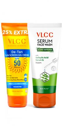 De Tan SPF 50 Sunscreen Gel Crème - SPF 50 PA+++ & Acne Defense Serum Facewash With Salicylic Acid Serum & Neem Combo